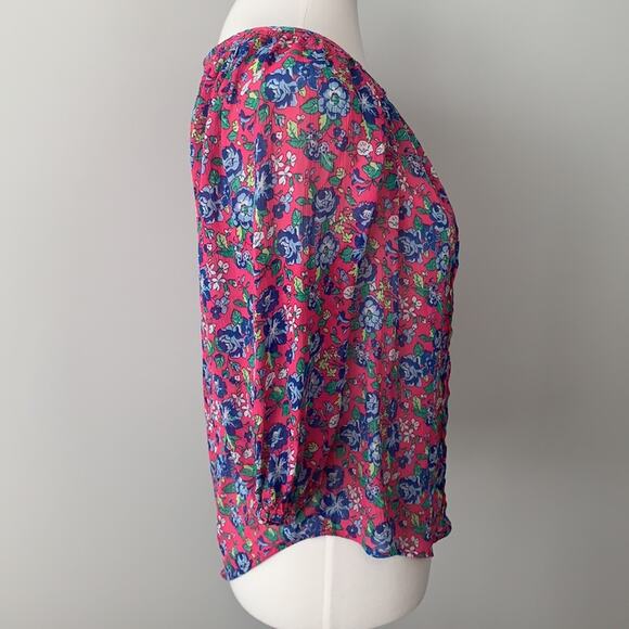 Abercrombie and Fitch Pink Floral Smocked Sheer Blouse Top Sz Small - Picture 6 of 7